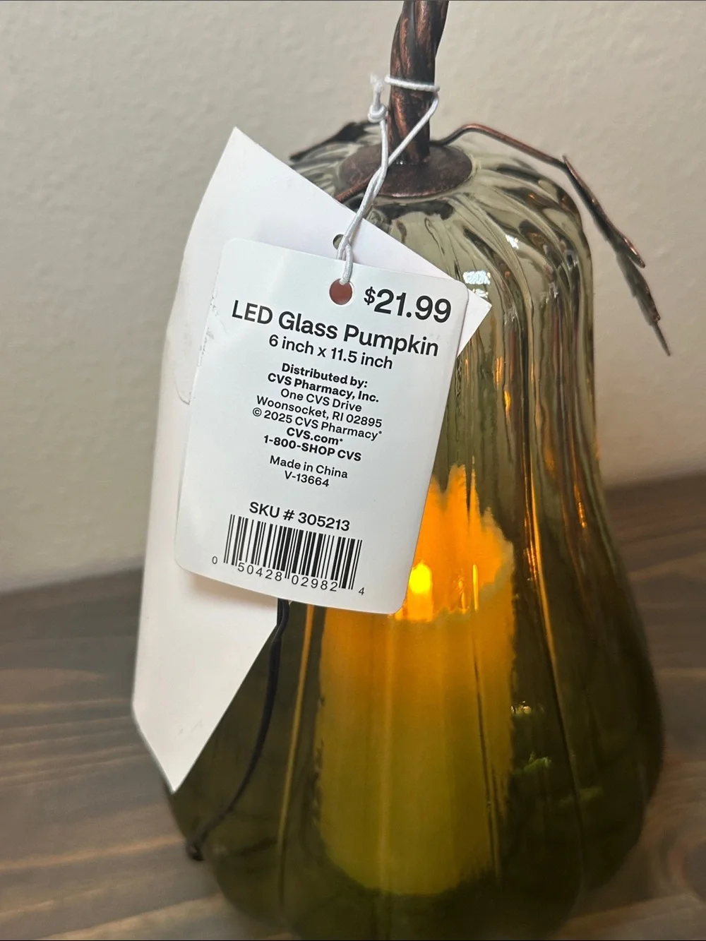 Green Glass Pumpkin Lantern with LED Candle -